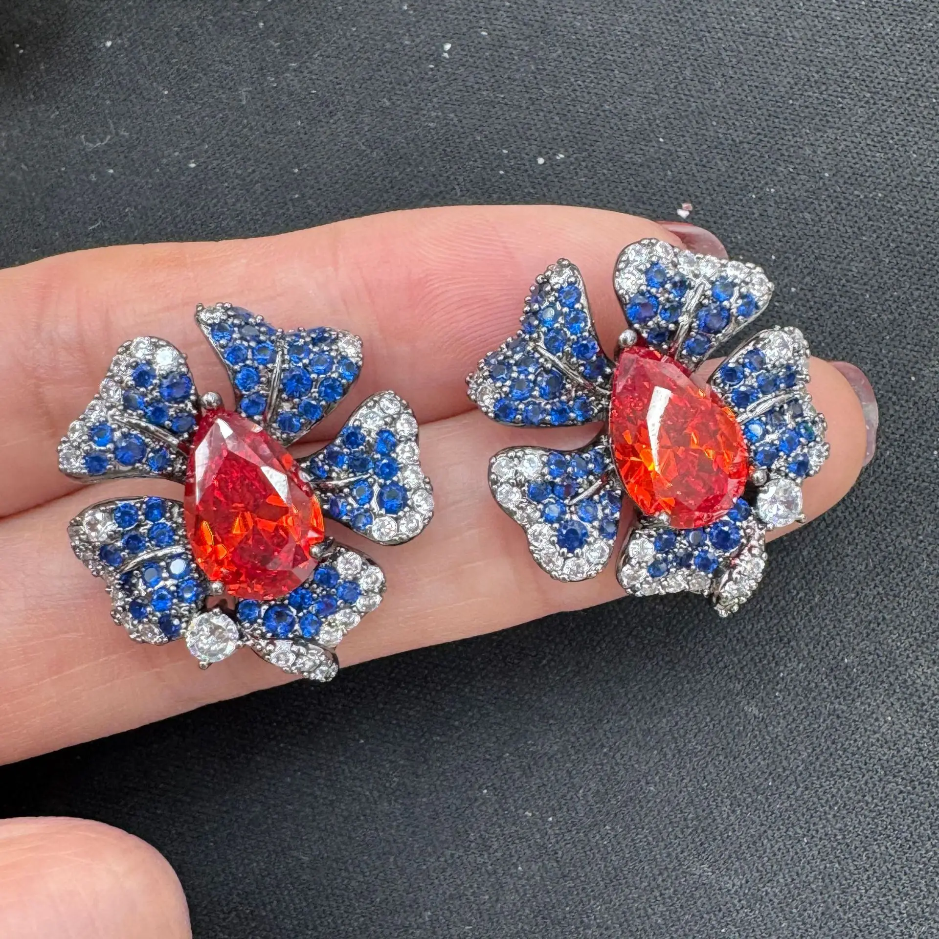 

zircon flower stud earrings for women cute jewelry blue green yellow floral petals earrings gift female