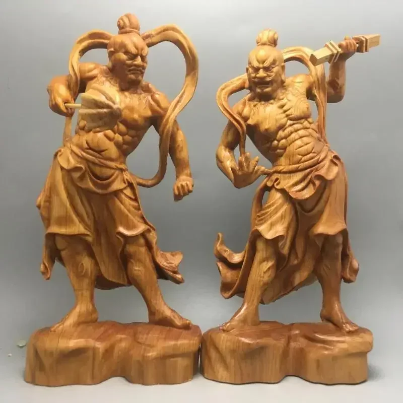 1pairs Feng Shui Heng Ha Two God Boxwood Wood Sculpture Door Wood Buddha Statue Home Crafts Gift