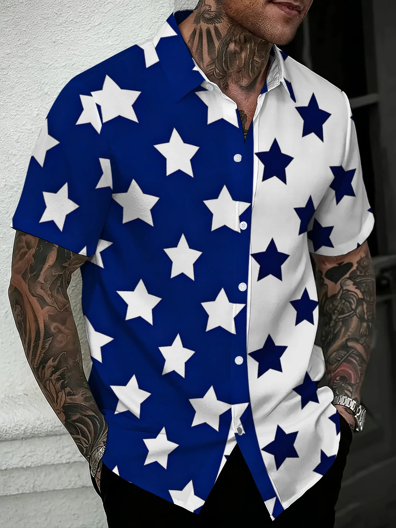 Men's Creative Split Color Star All Over Print Short Sleeve Button Down Shirt, Lapel Regular-fit Patriotic Style Shirt for Summe