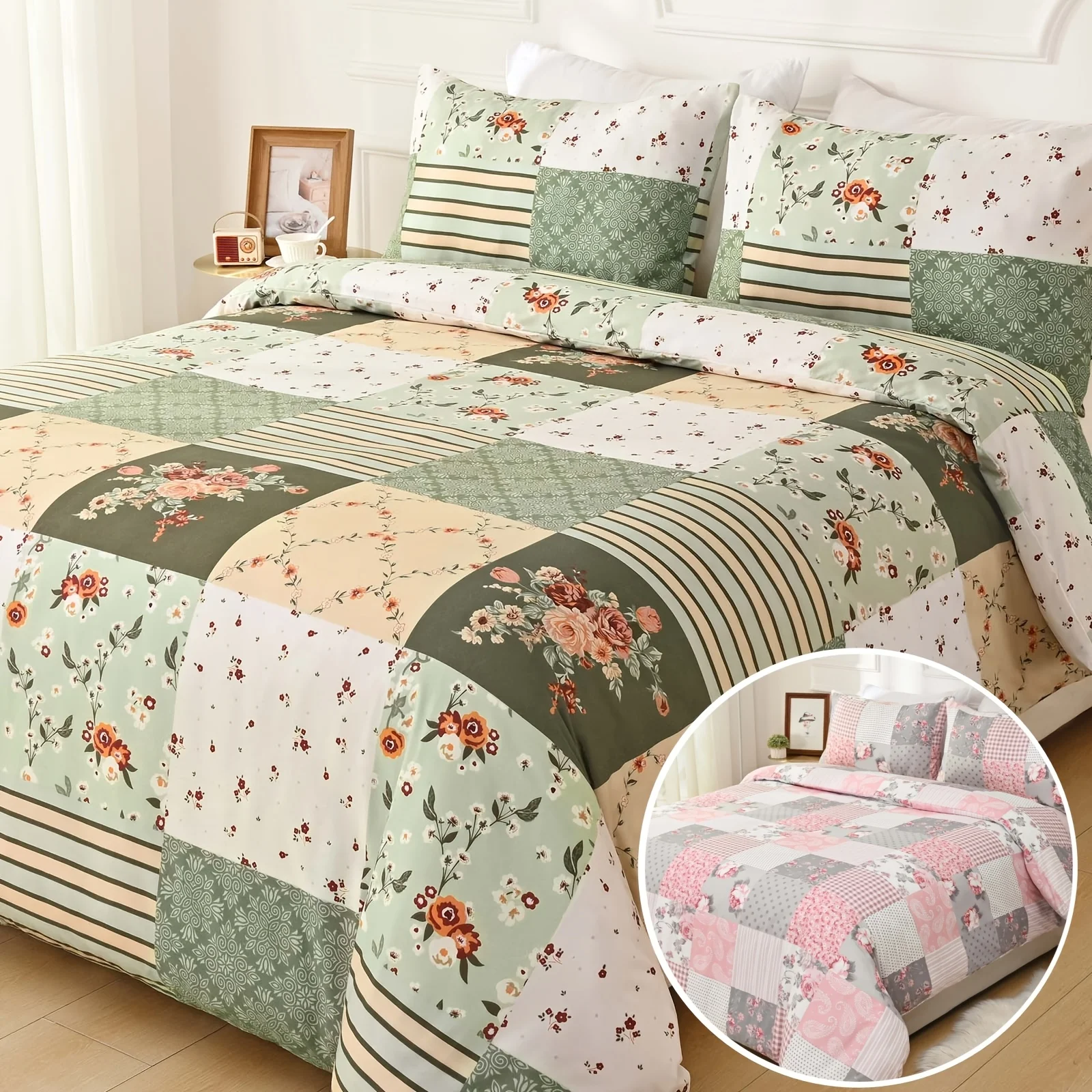 

2/3pcs Green Floral Patchwork Duvet Cover Set, Spring And Summer Floral Printed Comforter Cover with Zipper, Soft And Lightweight Flower Patchwork Print Bedding Soft Comfortable Duvet Cover for Bedroom (1 X Duvet Cover And 2 X Pillowcases