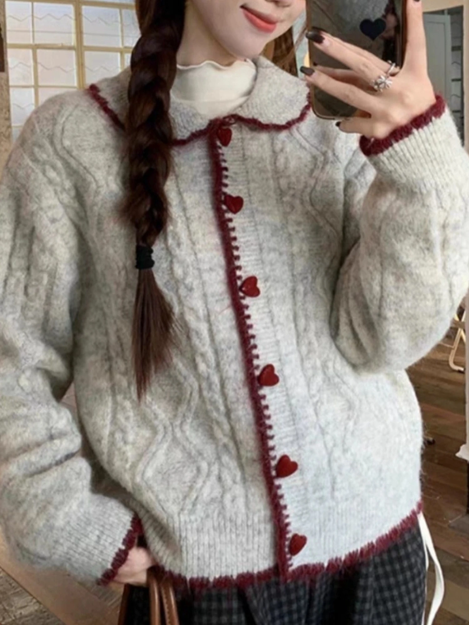 Korean Style Lazy Soft Doll Collar Knitted Open Cardigan Women's Autumn Winter Inner Wear Heart Button Soft Cozy Sweater Top