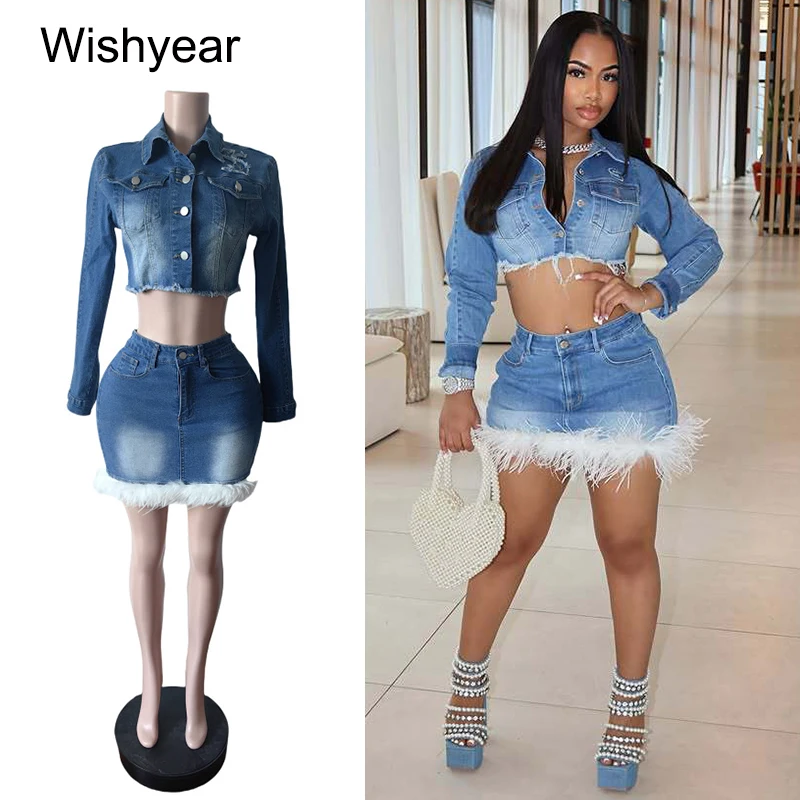 

Women's Fashion Denim Stretch Dress Set Long Sleeve Crop Top And Feather Patchwork Skirt 2 Piece Autumn Jean Club Party Outfit