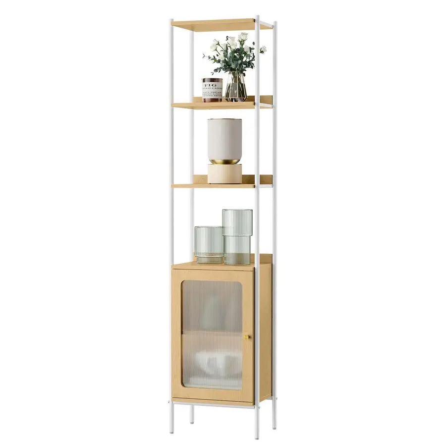6Tier Bookcase, Slim Bookshelf with PC Door, Freestanding Storage Shelf with Metal Frame, Adjustable Shelf, for Living Room, Oak