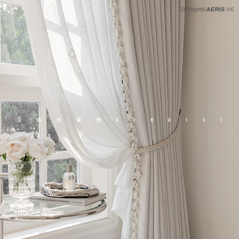 French Cream Light Luxury 3D Relief Jacquard Chenille Curtains for Living Room Bedroom Customized French Window Balcony