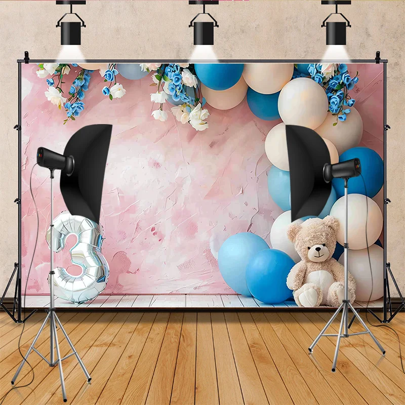 Фон для фотосъемки с днем рождения, кукла розового медведя, воздушный шар с водным рисунком, цветочные детские вечерние фоны SR-376
