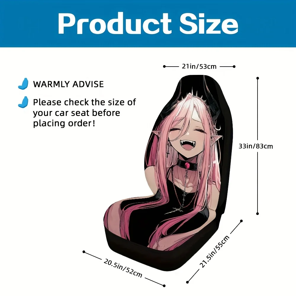 Set Of 2, Attractive Anime Design Front Seat Covers, Trendy Car Accessory Gift For The Holidays, Easy To Clean In The Washing Ma