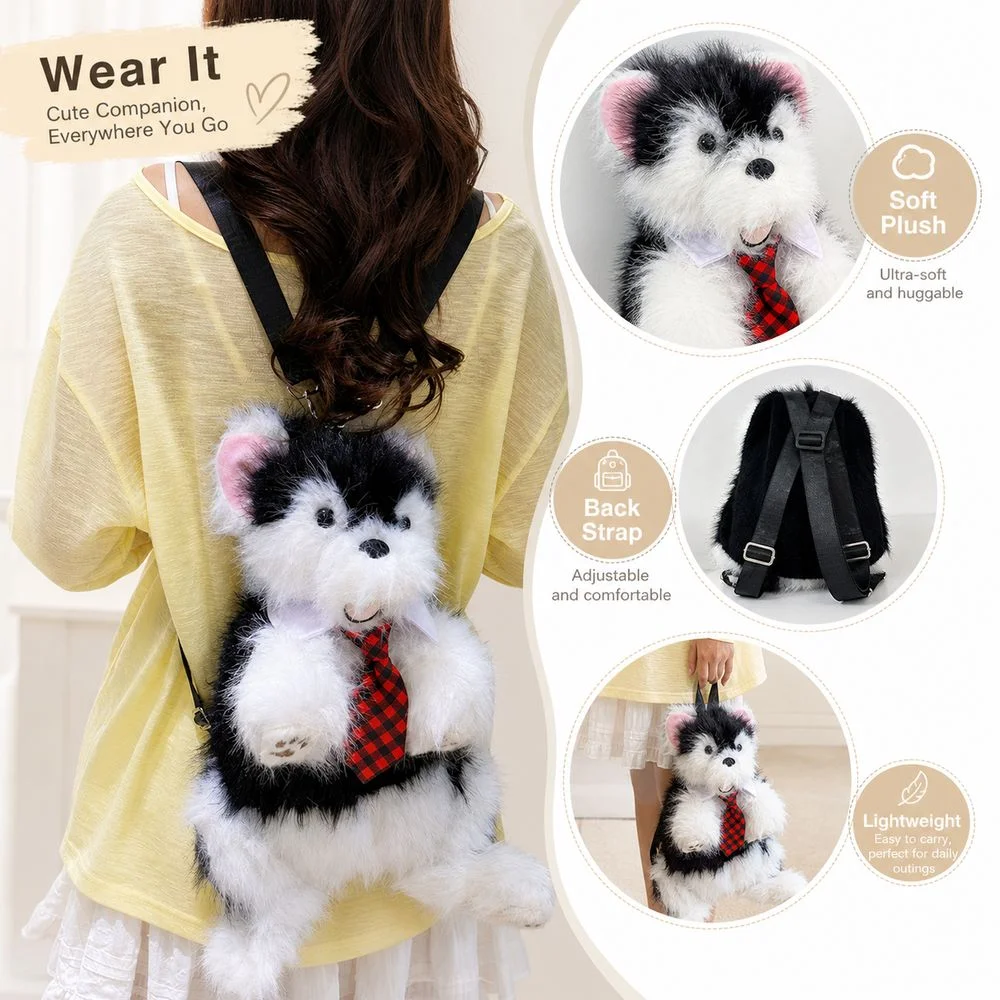New Wear Tie Simulated Puppy Backpack Soft Fluffy Cute Cartoon Doll Backpack Cute Animal Shape Shoulder Bag Travel Storage