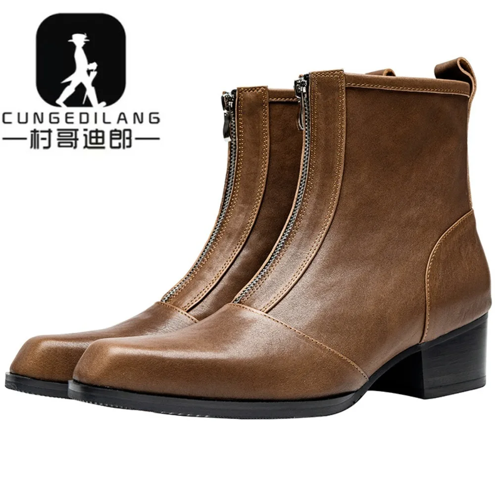 Men High-top Genuine Leather Fashion Business Short Boots Men 5CM High-heeled Men's Shoes Boots Korean Style Leather Boots