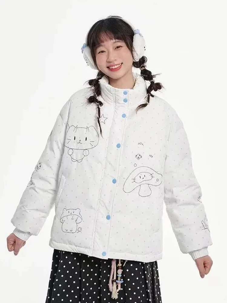 

Women Cartoon Cute Parkas Women Sweet Fashion Long Sleeve Warm Kawaii Puffy Coat Japan Preppy Style Sweet Stand Collar Jacket