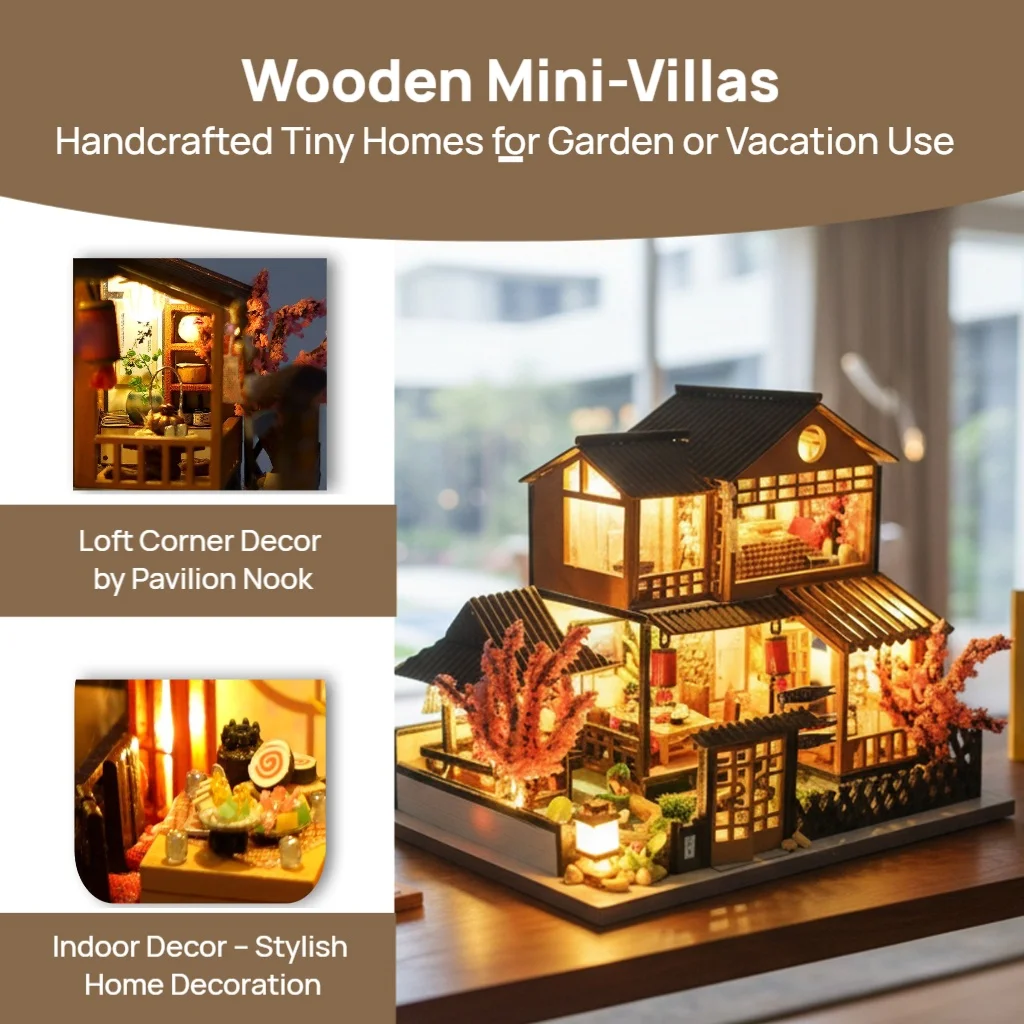 OUZEY 3D Wooden Dollhouse DIY Kit - “Cozy Cottage” with Furniture & Lights, Complete Miniature House Gift for Girls