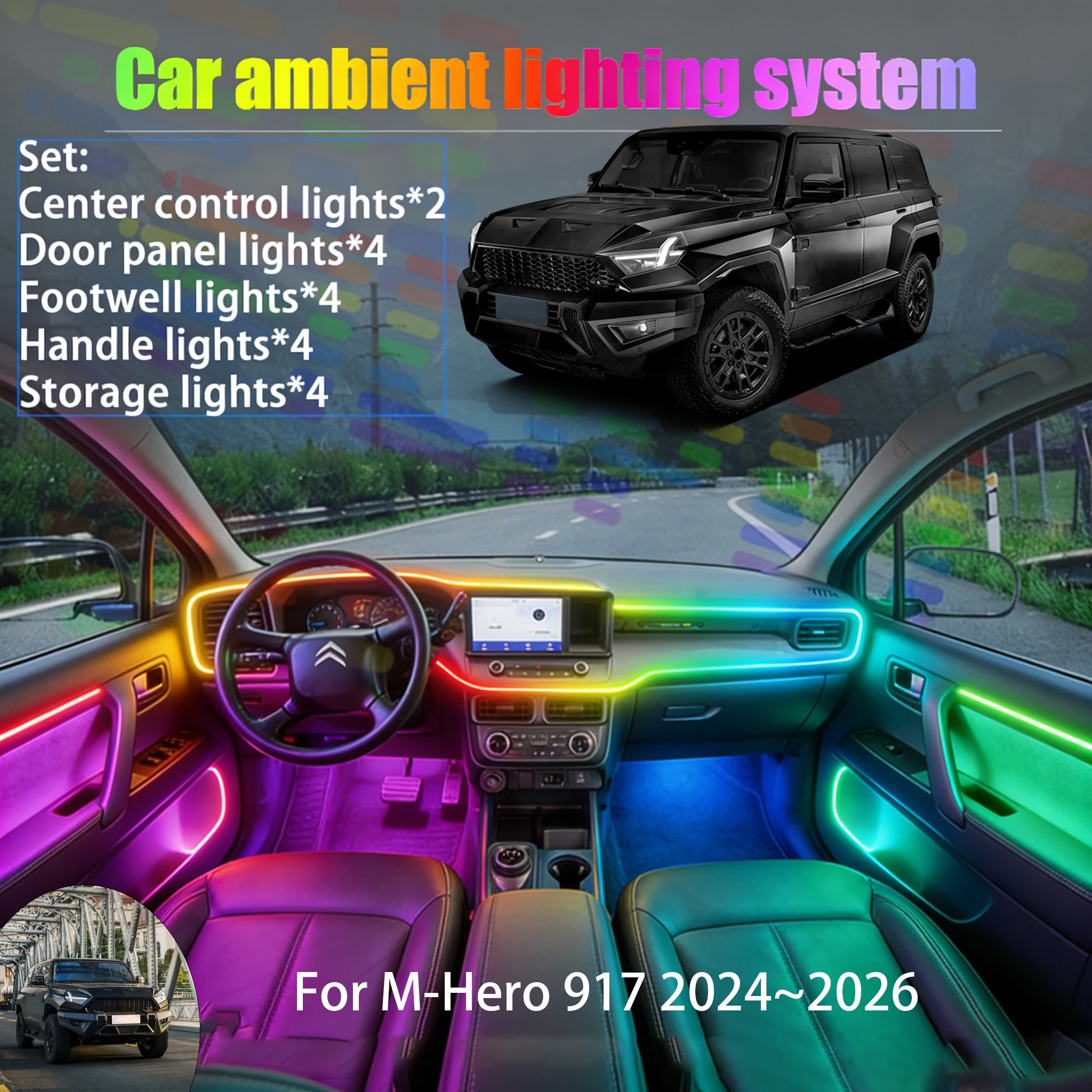 

Для M-Hero 917 2024~2026: Комплект светодиодной подсветки салона и багажника 2/18 в 1, USB RGB, с эффектом бегущей строки, автозапчасти