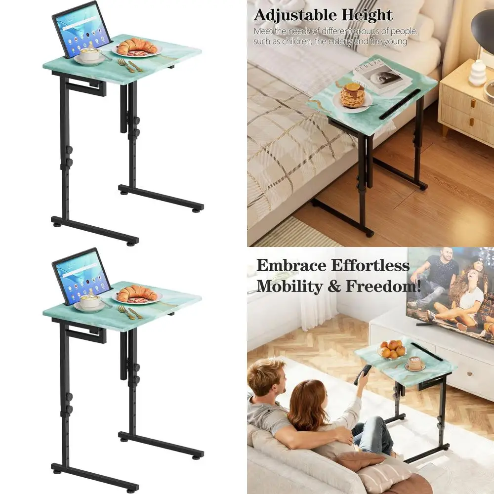 

Portable Adjustable Height TV Tray Table with C-Shaped Design, Sea Blue and Black, Sturdy MDF Top, Slides Under Couch, No Assemb