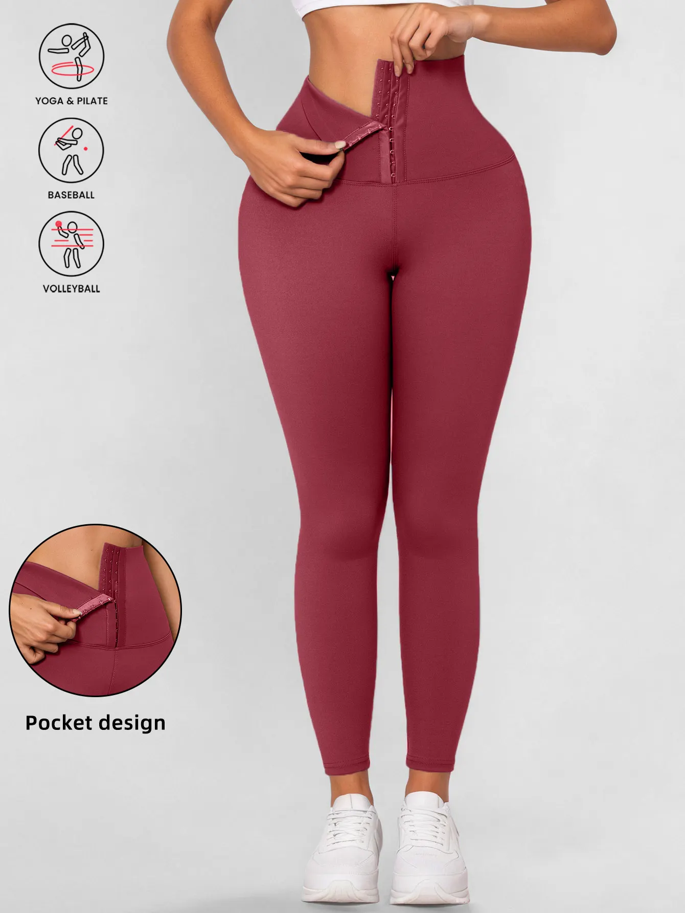 Women's Three-Row High-Waisted Stretch Yoga Pants - Solid Color Buttoned Leggings, Tighten the Waist and Lift the Hips