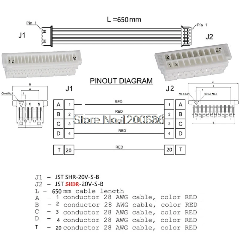 JST SHR-20V-S-B 20Pin Male Plug SHDR-20V-S-B Connector Mini Micro Sh 1.0 Jst 20-Pin Connector Plug Male -male 650mm Cable