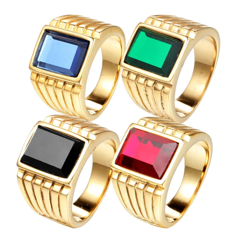 Punk Multicolor High Quality Large Stone Ring for Men Women Fashion Hip Hop Striped Stainless Steel Ring Biker Jewelry Wholesale