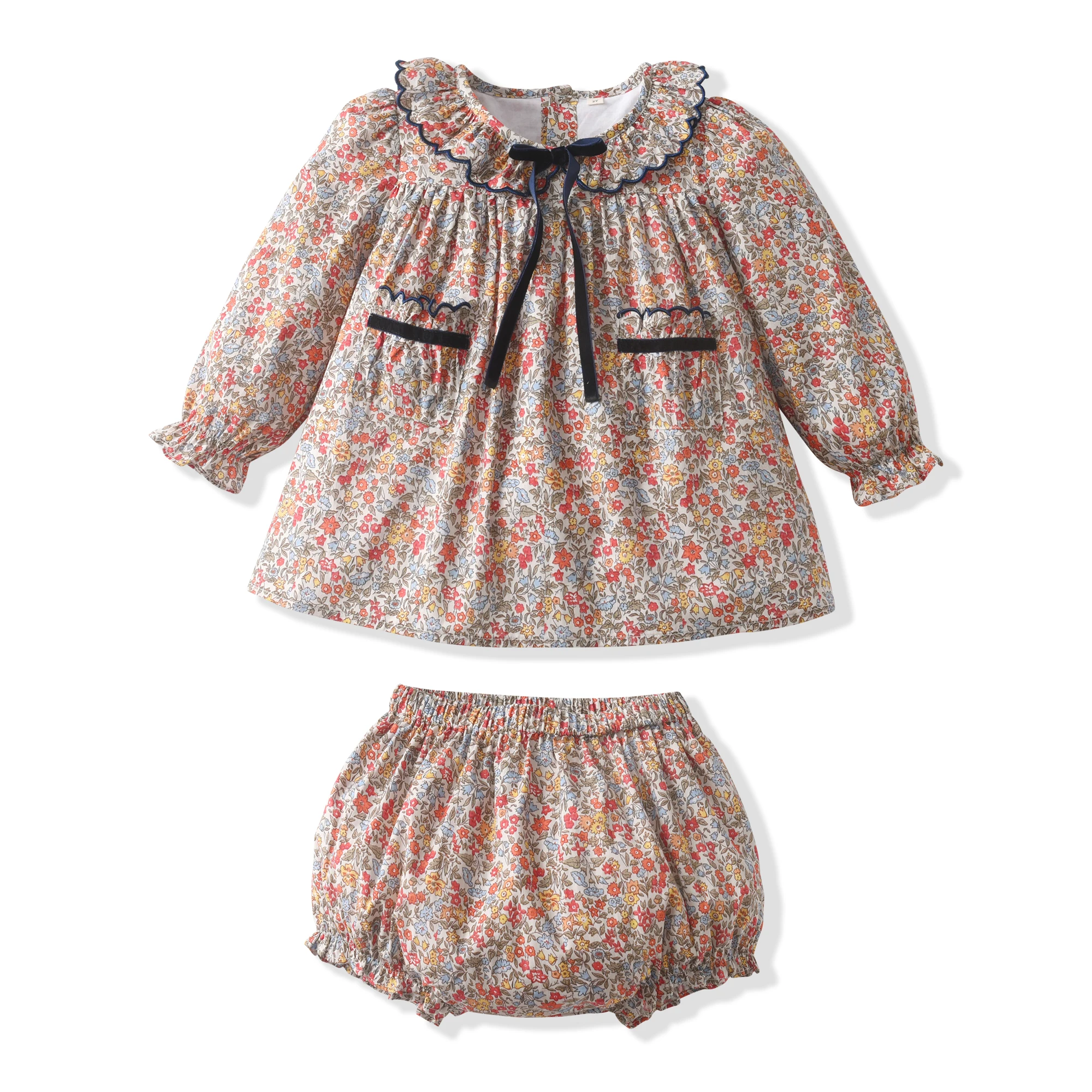 2026-eid-ramadan-spring-floral-printed-long-sleeve-cotton-baby-girls-clothes-two-piece-set-velvet-bowknot-top-sets-with-shorts