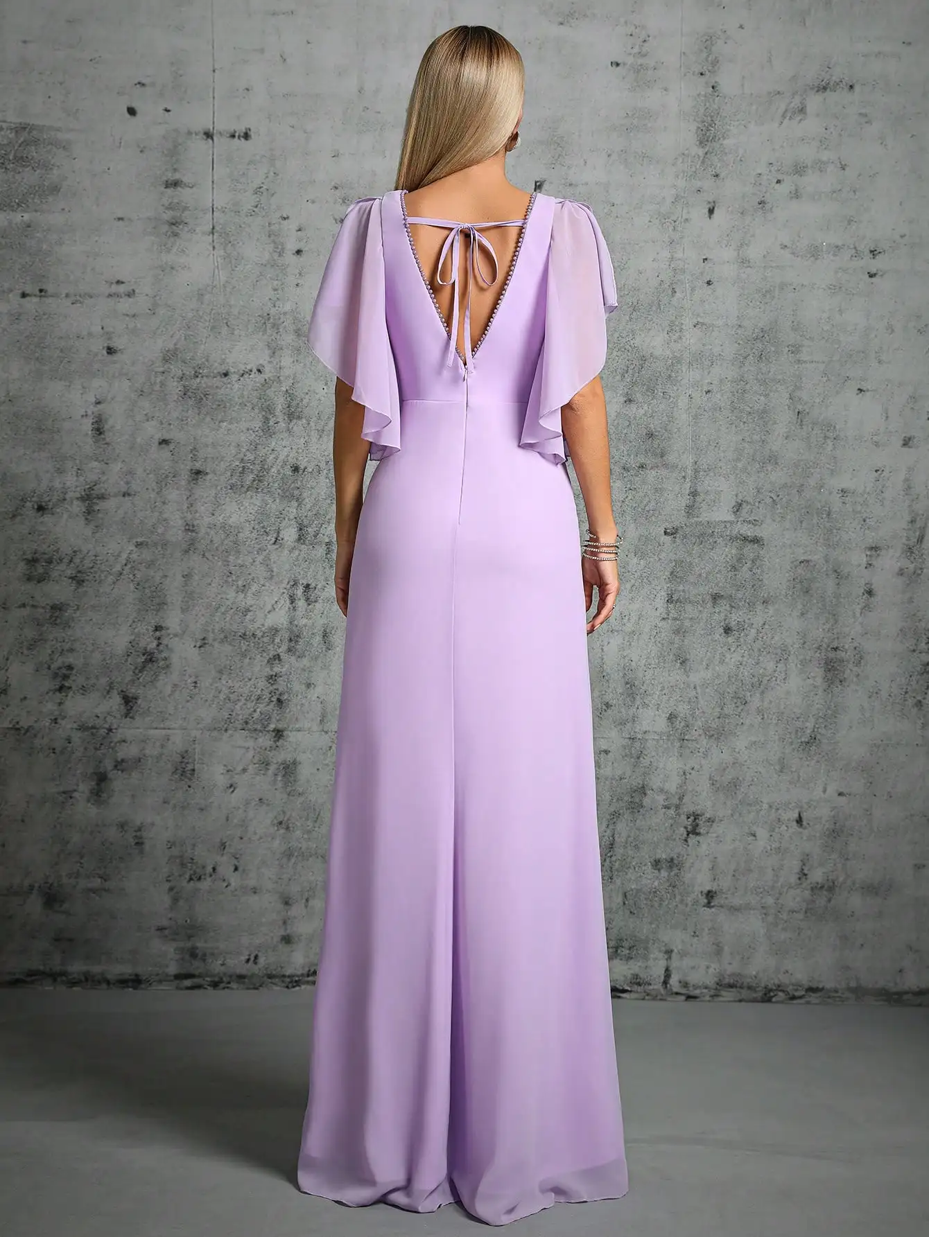 Mgiacy Beaded collar hem flared slit sleeve chest pleated chiffon slit skirt Evening gown Ball dress Party dress