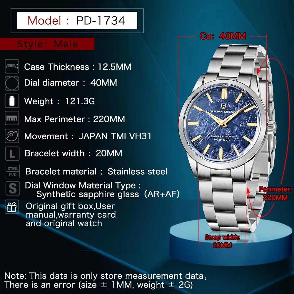 PAGANI DESIGN PD1734 Luminous Sapphire Glass Men Meteorite Dial Japan Movement Stainless Steel Strap Sapphire Glass Waterproof