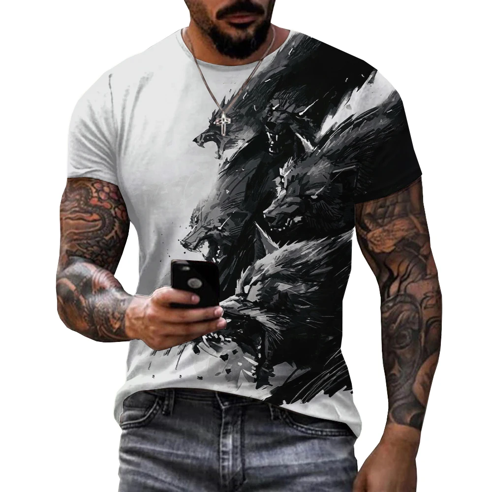 Newest Summer Men\'s 3D Printed T-Shirt Men\'s Wolf Graphic Printed Tshirt Cool Black White Short Sleeve Digital Printed T-Shirt.