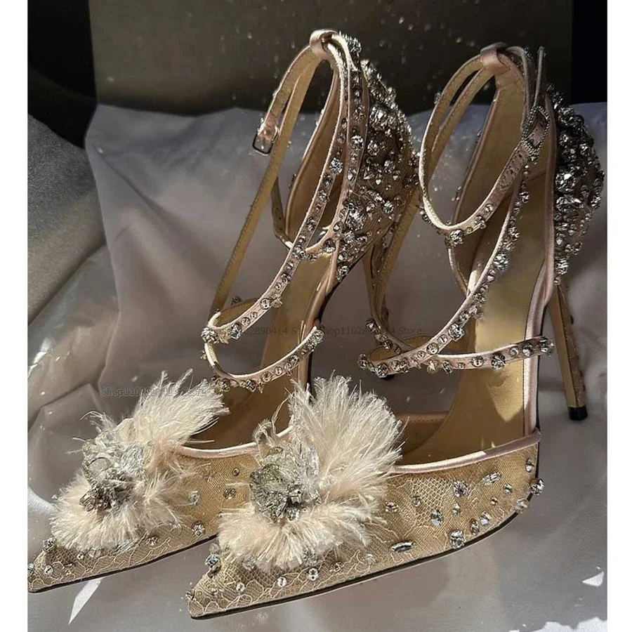 Fur Crystal Decor Lace Pumps Ankle Cover Heel Women Shoes Ankle Buckle Strap Thin High Heels Pointed Toe Sexy Zapatillas Mujer