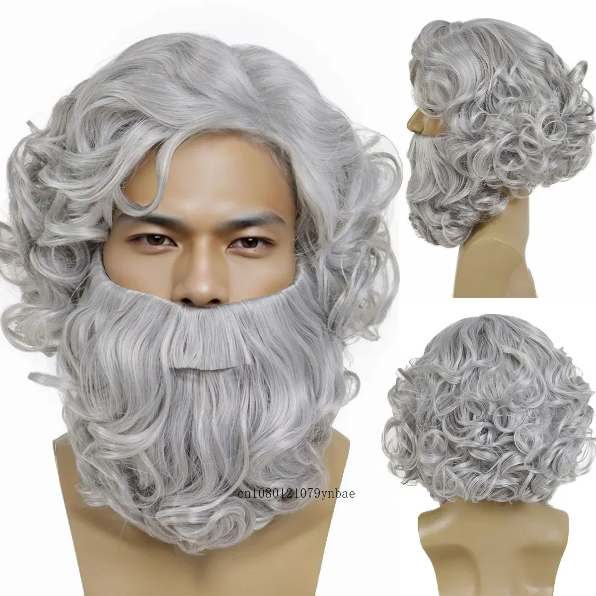 Synthetic Grey Professional Santa Claus Wig Beard Set Short Curly Old Men Wigs Christmas Cosplay Costume Party Heat Resistant