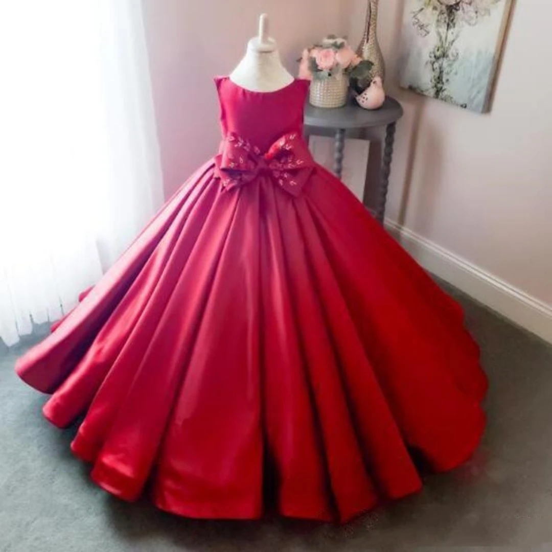 

Flower Girl Dress Satin Red Bow Flora Fluffy Girls Princess Wedding Party Dress First Communion Gown Guest Customize