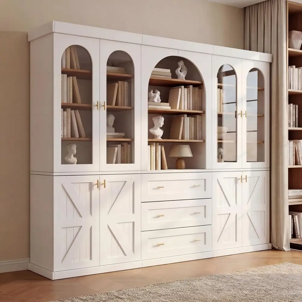 

Bookshelf Set of 3, 71 Tall White Wood Bookcase with Acrylic Glass Doors and Drawer Storage, Adjustable Shelves and Open Displa