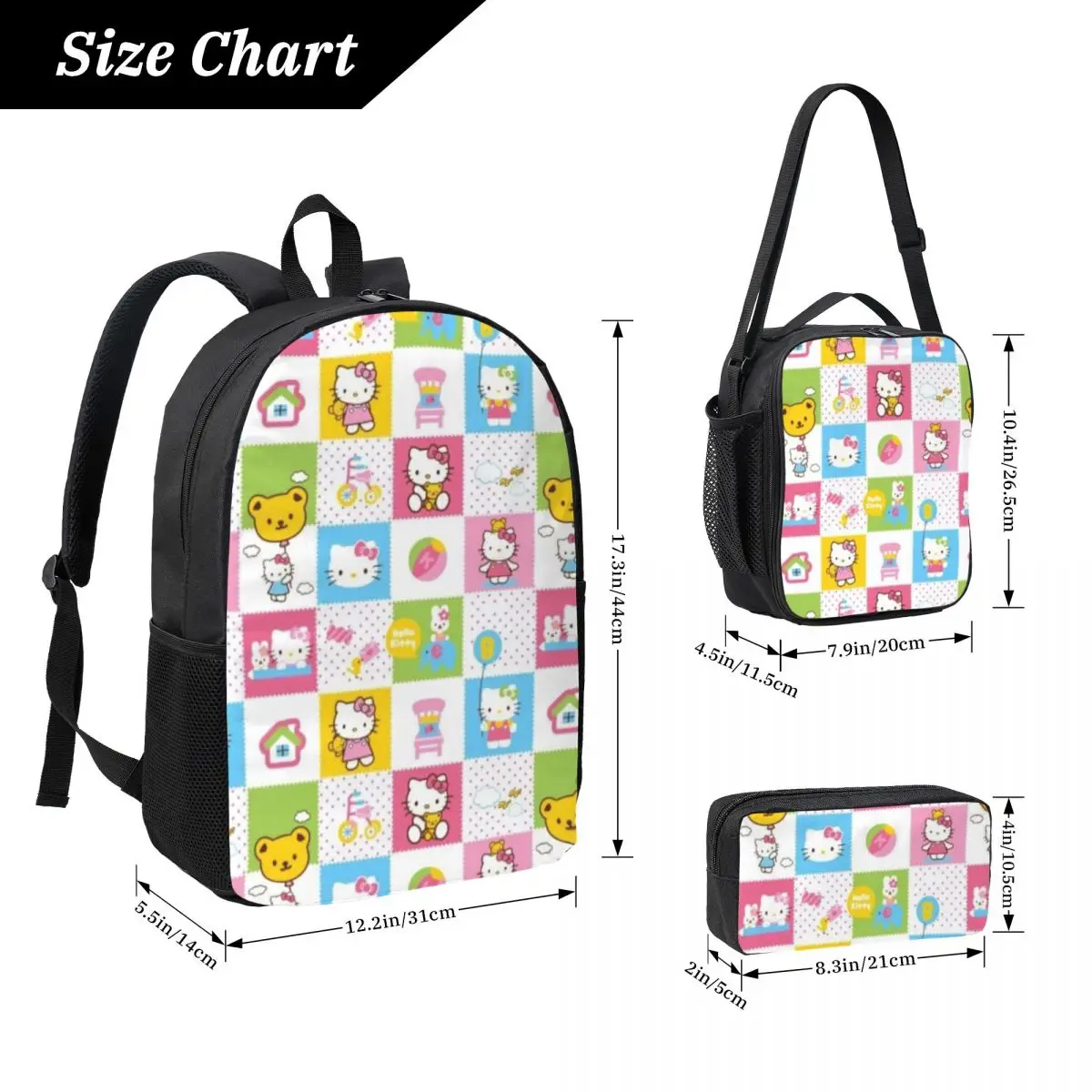 Conjunto de mochila de 3 peças Hello Kitty com lancheira e bolsa para lápis Bolsa leve de 17 polegadas para estudantes e profissionais