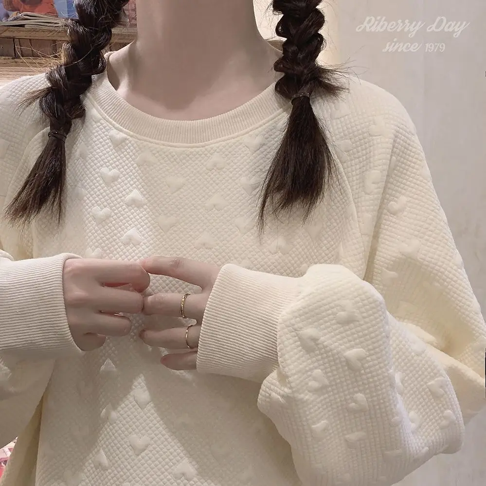 Korean Style Texture Knit Hoodie Women's Autumn Winter New Loose Slimming Versatile Fleece Lined Thickened round Neck Top