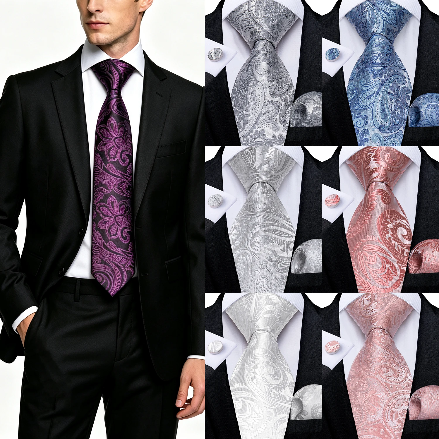 Mens Paisley Tie 3pcs Set, With Pocket Square And Cufflinks, Suit Accessories For Business Wedding Banquet Office Occasions
