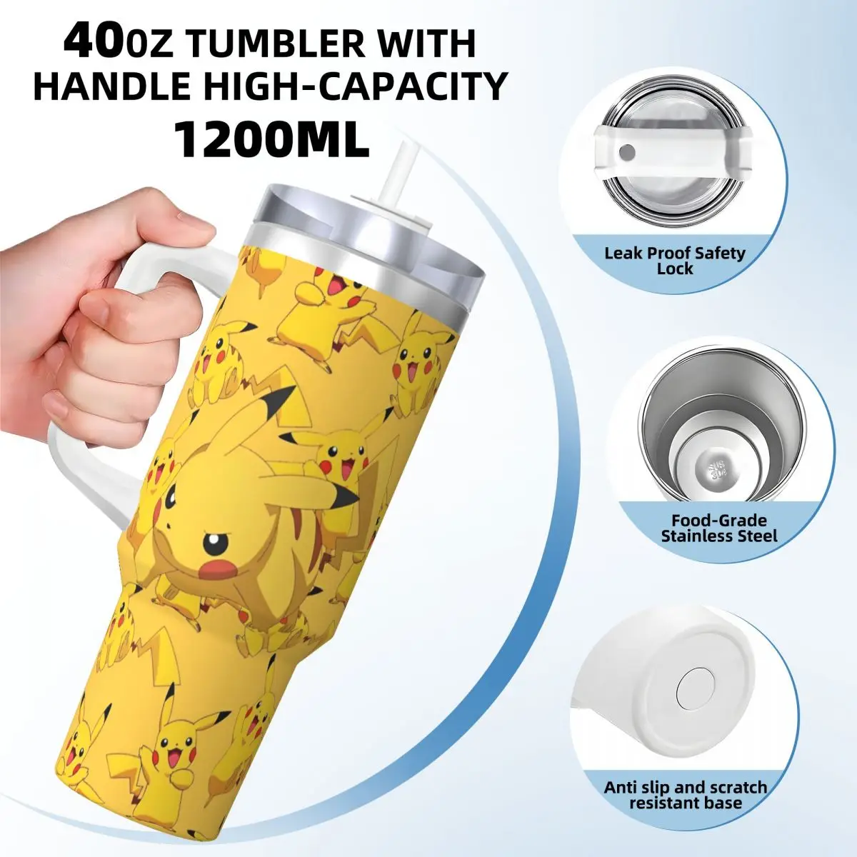 Stainless Steel Tumbler Pokemon Cartoon Anime HD Print Thermal Cups Leakproof Cold Drink Car Mugs Travel Custom Water Bottle