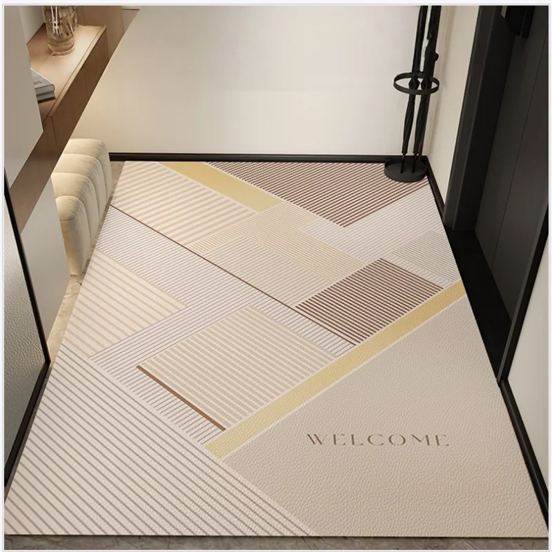 Newest Beige Striped Floor Mat Geometric Pattern Doormat Minimal Welcome Text Non Slip Hallway Floor Mat
