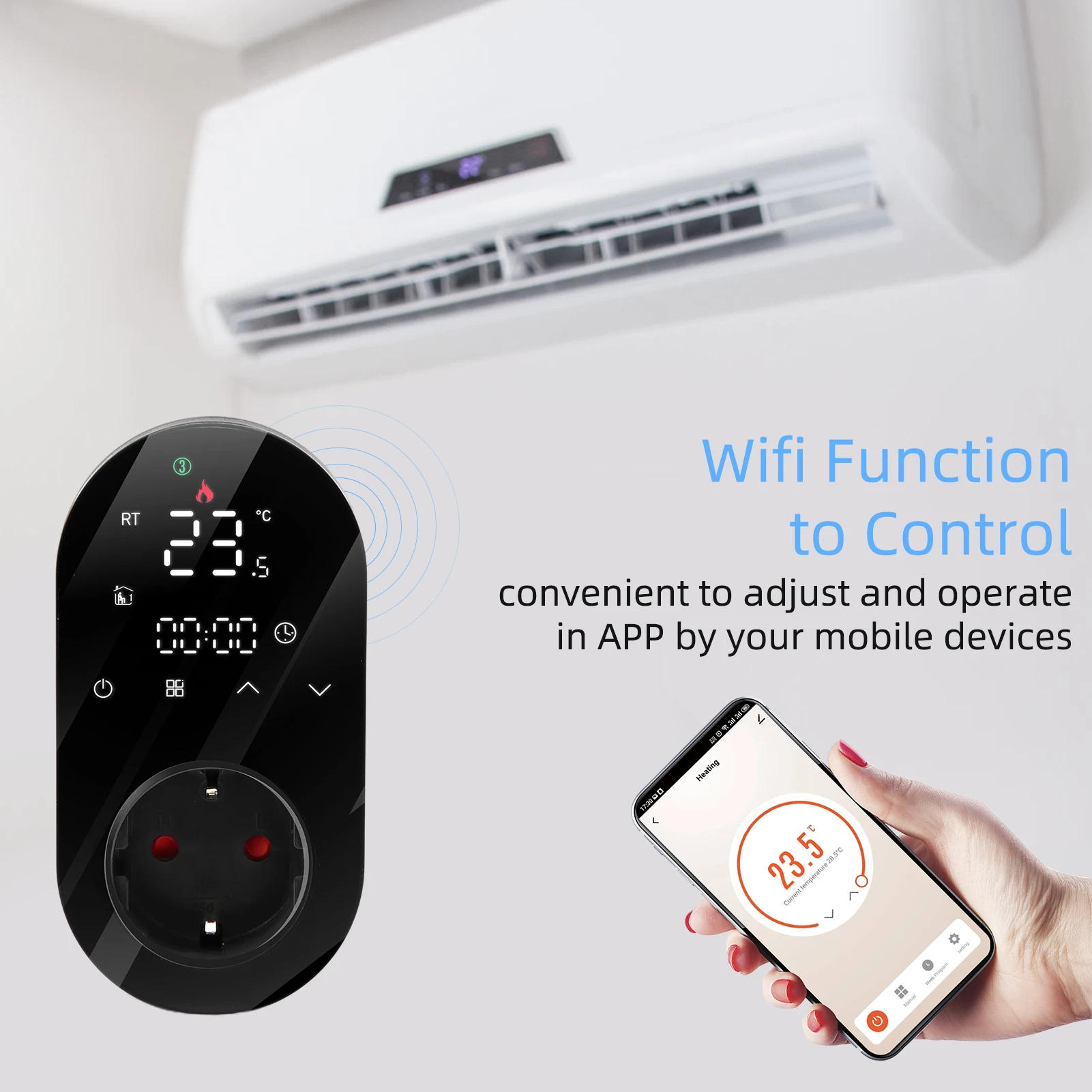 WiFi Digital Thermostat Outlet Plug 16A Outlet Tuya App Voice Control Socket Temperature Controller for Home with Touch Button