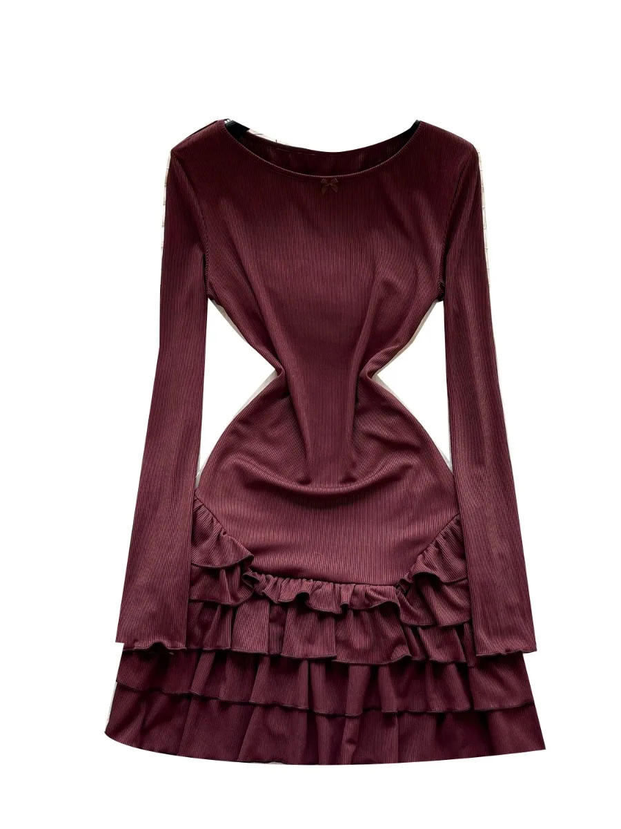 Foamlina francês vintage manga longa vestido de malha outono fino ajuste sofisticado projetado elegante em camadas mini saia vestido