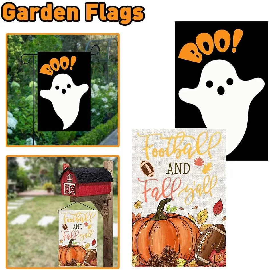 Fall Pumpkin Garden Flag,12x18 Inch Double Sided Fall Flag,Football and Fall Yall Yard Flag for Outside Decor,Boo Yard Fla