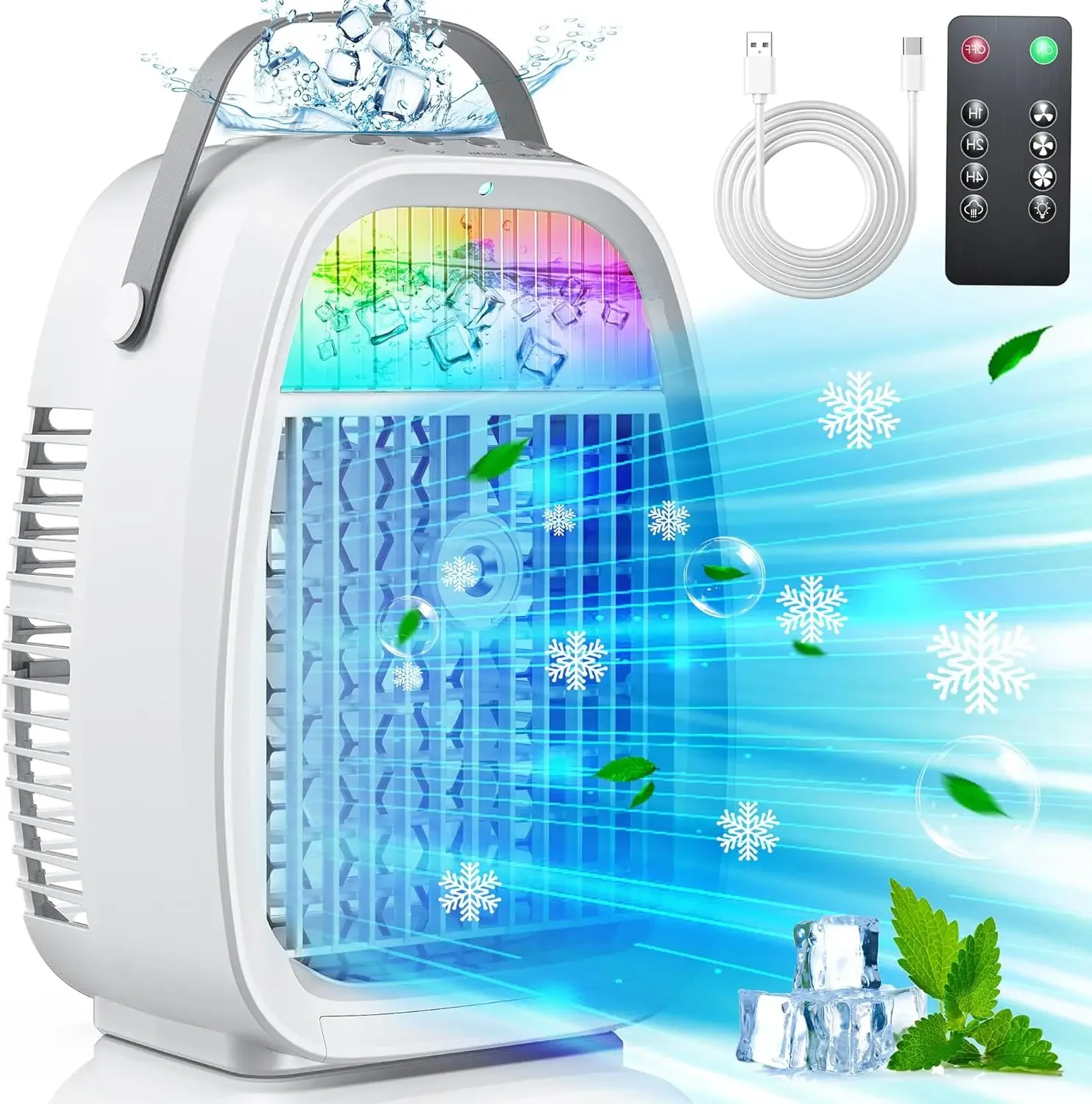 

Efficient AI Evaporative Mini Air Conditioner Fan with AC Air Cooler, 4-in-1 Humidifier, and 7 Colors Light - Perfect for Coolin