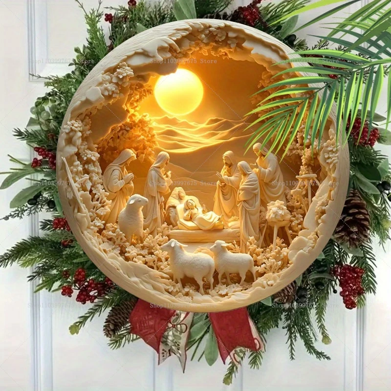 1pc 2D Nativity Scene Wooden Sign Religious Relief Effect Design Jesus Born Wreath Sign for Church Front Door Wall Hanging Decor