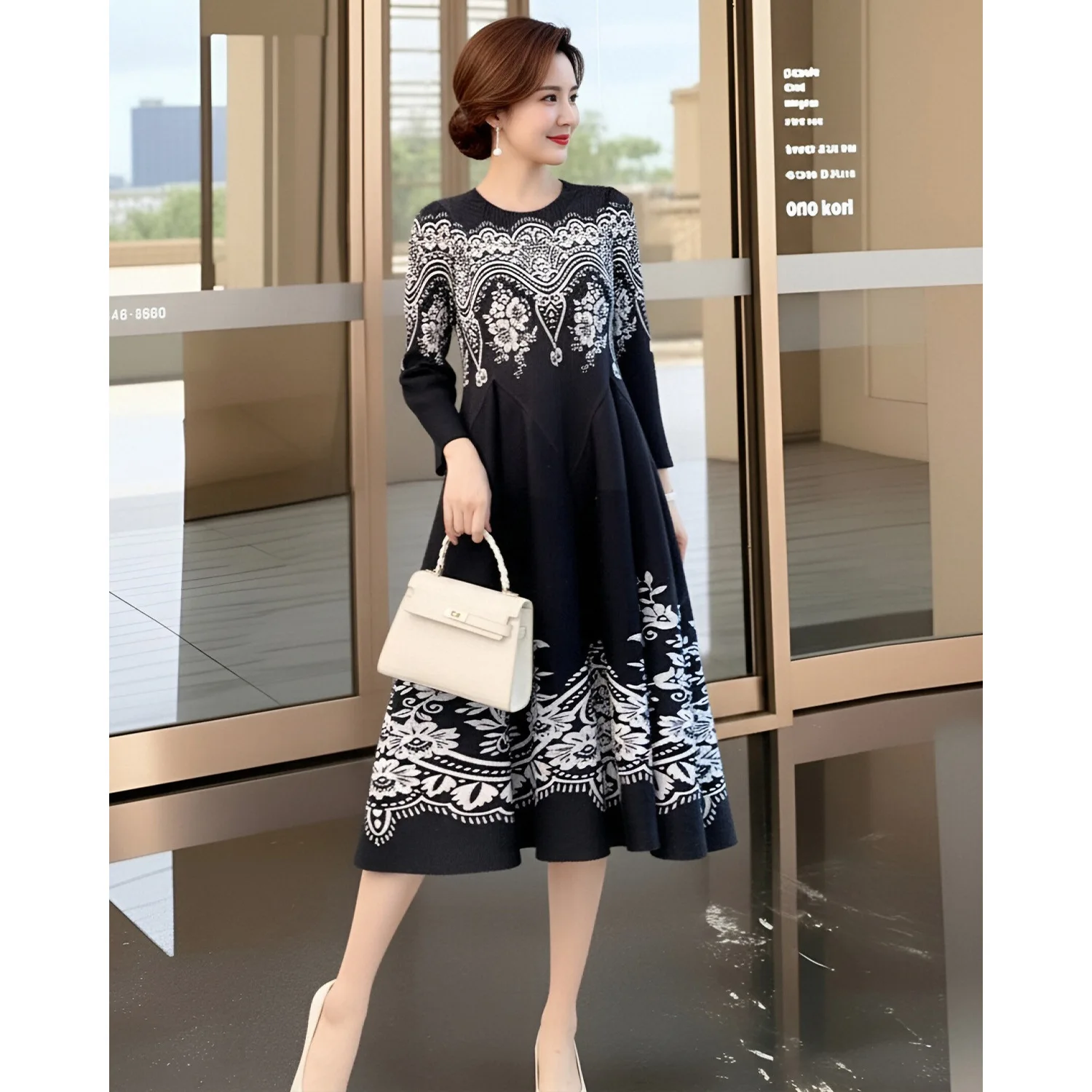 

Miyake Black Floral Printed Pleated Women's Dress High-waisted Nine-quarter Sleeve Round-neck Dresses 2026 Spring New 2DB7212