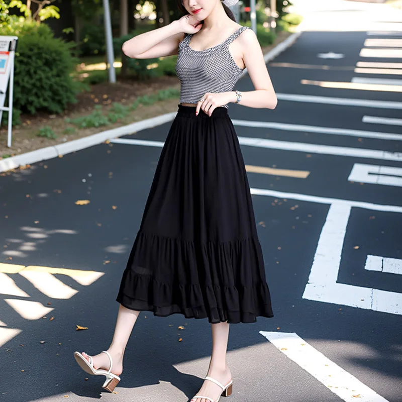

150Kg Plus Size Women's Hip 160 Summer Loose A-Line Mid-Length Elastic Waist Slim Drape Skirt Black 5XL 6XL 7XL 8XL 9XL