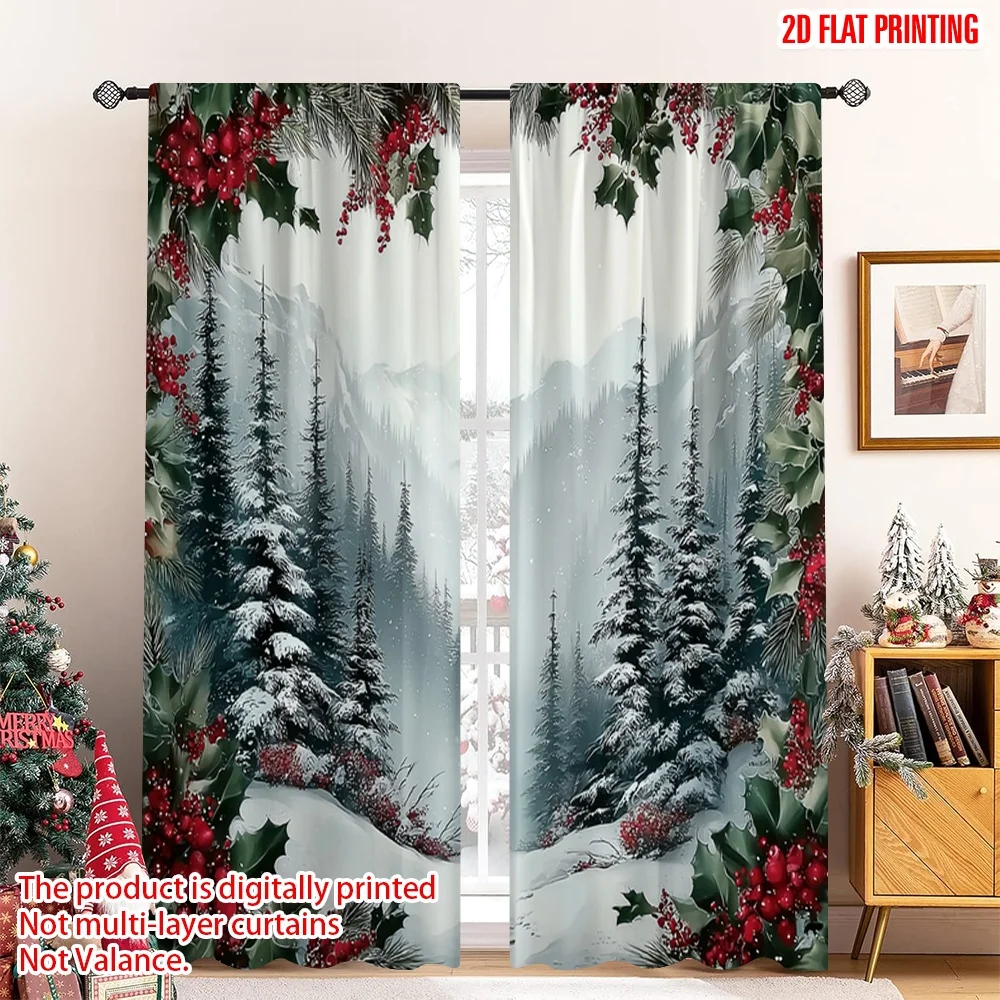 2pcs 2D flat printing Merry Christmas Party Curtains Red green with pine trees in winter Digital Printed Polyester Drapes Party