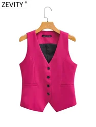 Zevity Women Fashion V Neck Sleeveless Pockets Short Vest Jacket Office Lady Single Breasted Casual Slim WaistCoat Tops CT2208