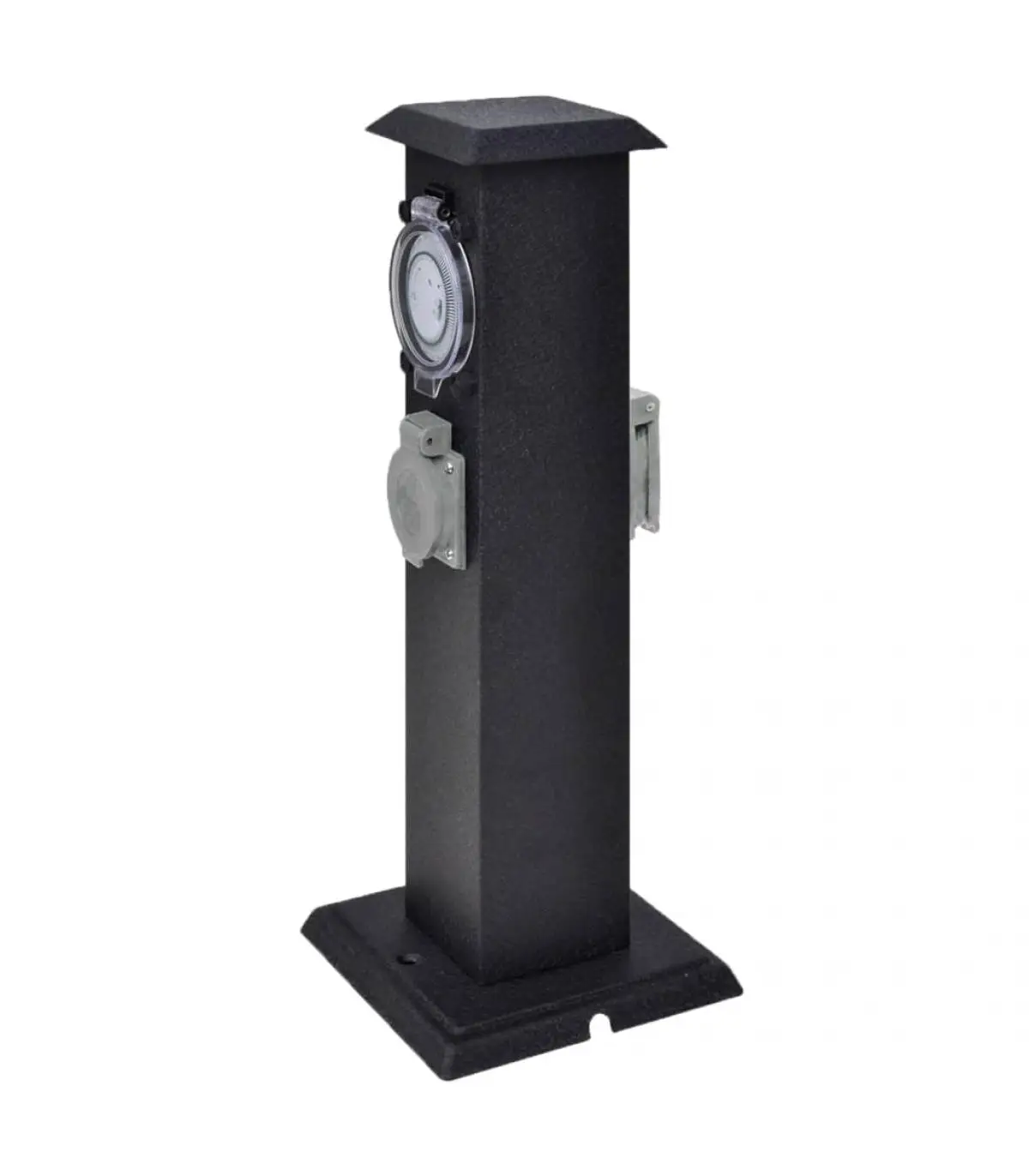 Black column wall sockets with plug and garden timer