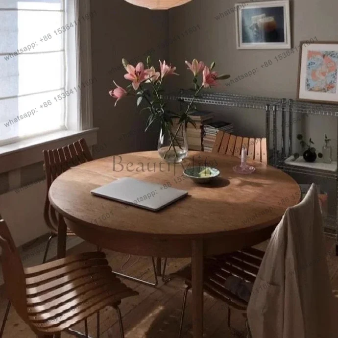 yj9 Mid-Century Round Dining Table, Solid Wood Black Small Apartment, Wabi-sabi Style Ash Wood Home Simple