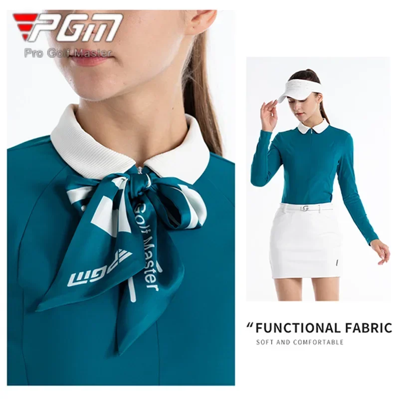 PGM Autumn Golf T-shirt Women Elastic Slim Golf Shirt with Silk Scarf Ladies Zipper Collar Soft Tops Long Sleeve Casual Wear