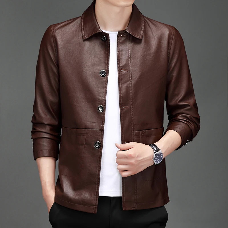 

Autumn Business Pu Leather Jacket Men Top Grade Designer Casual Fashion Faux Leather Jacket Male Biker Classic Outwear Coats