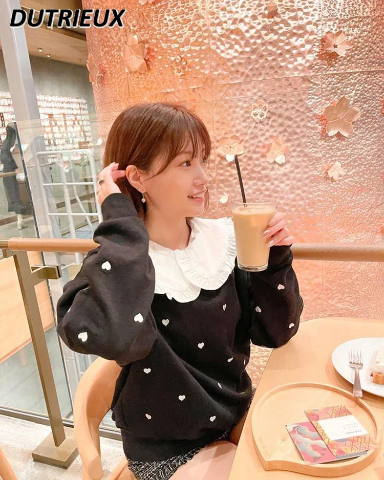 Japanese Love Embroidery Sweet Cotton Terry Hoodies Pullover Women Loose Black Casual T-shirt Top Spring and Autumn New Clothes