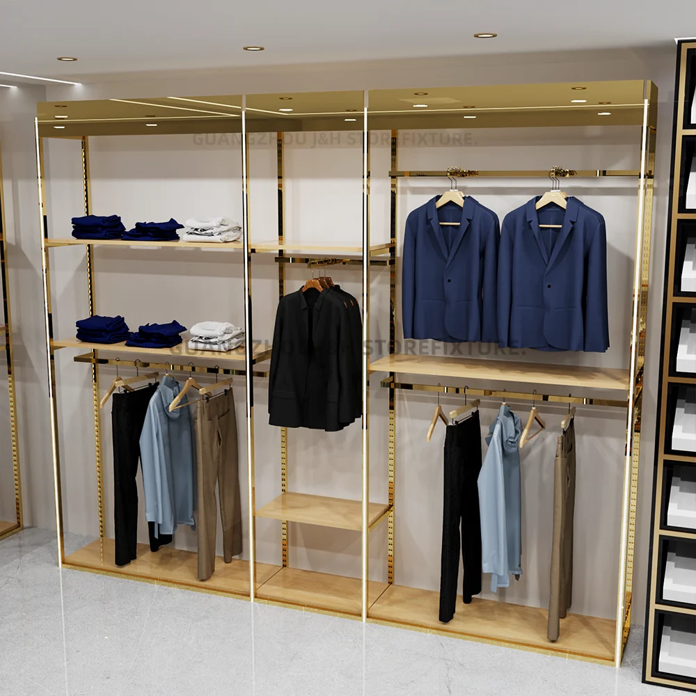 Custom.Custom .Custom.Stainless Steel Texture Clothes Shop Display Rack Custom Logo Metal Clothes Hanging Shelves Stand for Man