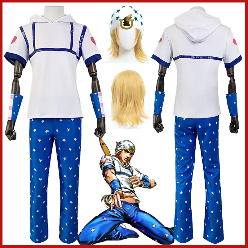 

Anime Bizarre Adventure Steel Ball Run Jonathan Johnny Joestar Cosplay Costume Top Blue Pants Hat Wrist Guard Wig Joestar Suits