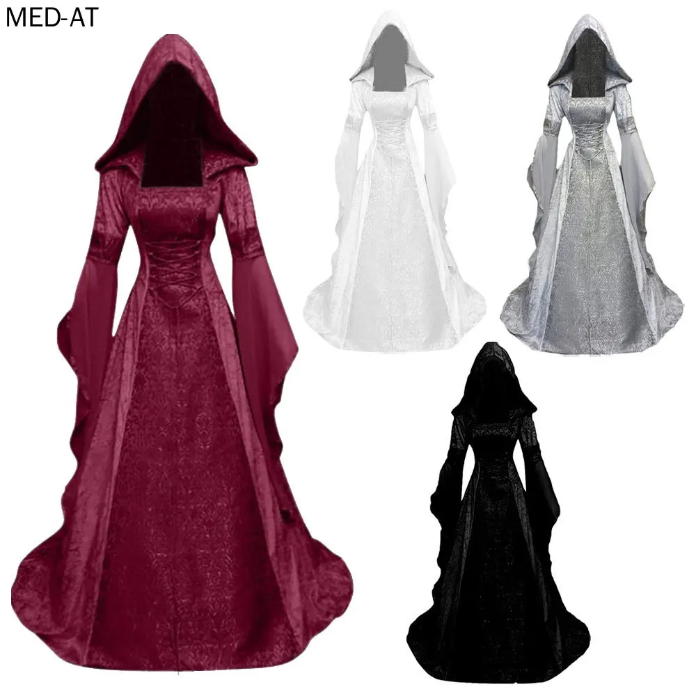 Abito da strega Deluxe da donna Costume medievale Vintage ricamato rinascimentale gotico con cappuccio abito da vampiro Cosplay