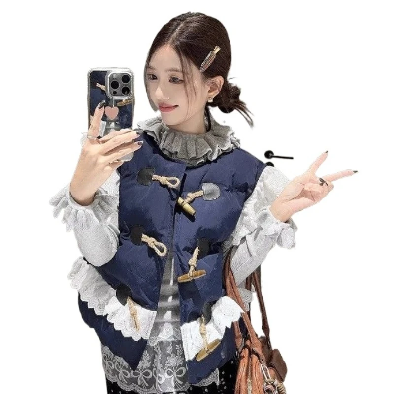 

Корейская осенне-зимняя однобортная хлопковая одежда с кружевом и рогом, жилет, женская ниша, универсальный, милый, прохладный, уменьшающий возраст